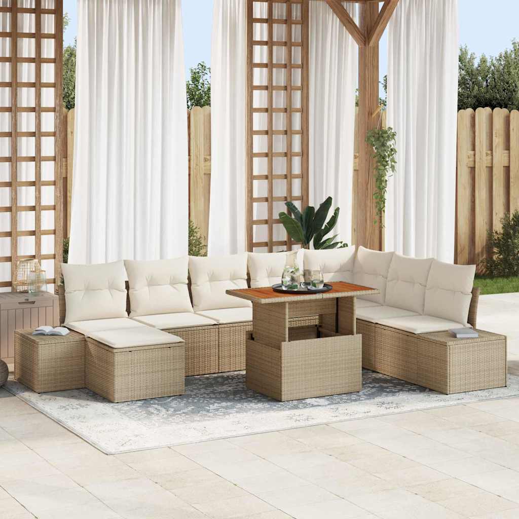 Garten-Sofa-Set mit Speicher 9 pcs Beige Poly Rattan